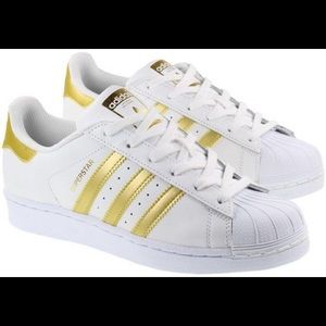 White + Gold Adidas Originals Shell Toe Sneakers